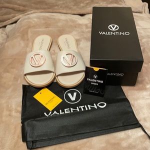 Valentino Cream Slide Sandals with Rose Gold Logo